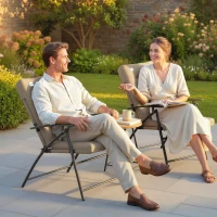 Outsunny Set of 2 Outdoor Folding Chairs with Adjustable Backrest, Padded Camping Chairs for Outdoor Events, Khaki(m-8)