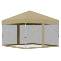 Outsunny 10' x 10' Pop-Up Party Tent UPF50+ Outdoor Canopy Tent with Mesh Sidewalls, 3-Level Adjustable Height, Roller Bag, Khaki(m-2)
