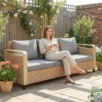 Outsunny Rattan Wicker Sofa 3-Seater Outdoor Patio Sofa with Cushions for Garden Backyard Porch Gray(m-10)