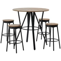 HOMCOM Industrial Bar Table and Chairs Set of 5, Round Dining Table & 4 Stools with Swivel Seat for Pub, Kitchen, Light Brown(m-1)