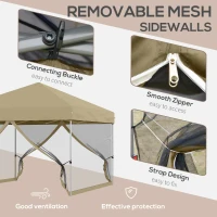 Outsunny 10' x 10' Pop-Up Party Tent UPF50+ Outdoor Canopy Tent with Mesh Sidewalls, 3-Level Adjustable Height, Roller Bag, Khaki(m-7)