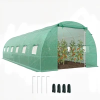 Outsunny 26' x 10' x 6.6' Walk-in Tunnel Hoop Greenhouse, PE Cover, Steel Frame, Roll-Up Zipper Door & 12 Mesh Windows for Flowers, Vegetables, Tropical Plants, Light Green(m-1)