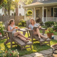 Outsunny Folding Adirondack Chair Set of 2, HDPE Fire Pit Chair with Retractable Ottoman and Cup Holder, Brown(m-8)