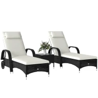 Outsunny Wicker Outdoor Chaise Lounge Chair Set of 3 with Side Table, 5-Level Adjustable Backrest PE Rattan Pool Lounge Chair with Wheels, Cushion & Headrest, Black and Cream White(m-1)
