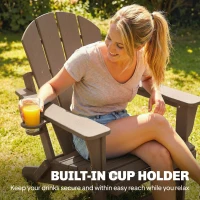 Outsunny Folding Adirondack Chair Set of 2, HDPE Fire Pit Chair with Retractable Ottoman and Cup Holder, Brown(m-7)