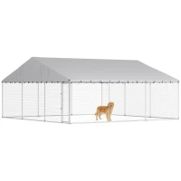 PawHut Heavy Duty Outdoor Dog Kennel with Waterproof Roof, Secure Latch, Chain Link Dog Run for Backyard, 19.7' x 19.7' x 8.9'(m-11)