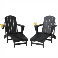Outsunny Folding Adirondack Chair Set of 2, HDPE Fire Pit Chair with Retractable Ottoman and Cup Holder, Black(m-1)