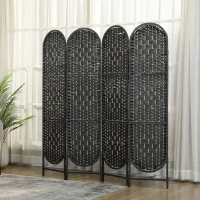 HOMCOM Bohemian Privacy Screen, Folding Room Divider with 4 Panels and Arched Top for Bedroom Living Room Office, Black(m-8)