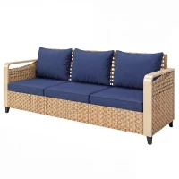 Outsunny Rattan Wicker Sofa 3-Seater Outdoor Patio Sofa with Cushions for Garden Backyard Porch Dark Blue(m-1)