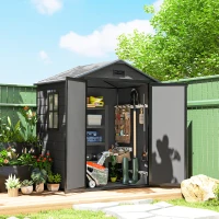 Outsunny 6x4.5FT Plastic Shed, Lockable Garden Tool Storage House with Double Doors and Vent, Grey(m-1)