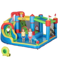 Outsunny 6-in-1 Inflatable Water Slide with Splash Pool, Slide, Climbing Wall, Water Cannon, Inflatable Bounce House for Kids with 2 Min. Inflation and Air Blower(m-1)