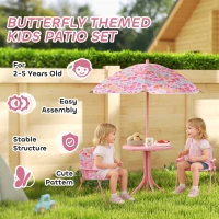 Qaba Kids Picnic Table and Chair Set, Outdoor Table with Foldable Chairs, Removable Umbrella, Pink(m-4)