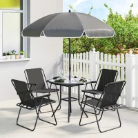 Outsunny 6 Pieces Patio Dining Set with Umbrella, Patio Furniture Set with Folding Chairs, Glass Table for Garden Backyard, Black(m-1)