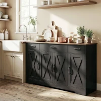 HOMCOM Sideboard Buffet Cabinet, 55" Farmhouse Kitchen Cabinet with 4 Barn Doors, 3 Drawers, 3 Adjustable Shelves, Black(m-10)