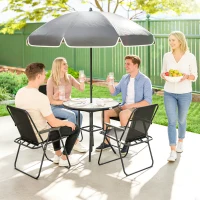 Outsunny 6 Pieces Patio Dining Set with Umbrella, Patio Furniture Set with Folding Chairs, Glass Table for Garden Backyard, Black(m-10)