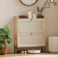 HOMCOM Shoe Cabinet with 2 Flip Drawers, Boho Narrow Shoe Storage Cabinet, Oak(m-8)