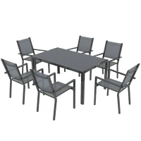 Outsunny 7 Piece Outdoor Dining Set with 6 Stackable Chairs, Rectangle Table, WPC Slatted Top, Rust-Resistant Steel Frame(m-2)