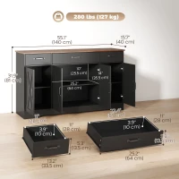 HOMCOM Sideboard Buffet Cabinet, 55" Farmhouse Kitchen Cabinet with 4 Barn Doors, 3 Drawers, 3 Adjustable Shelves, Black(m-3)