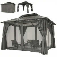 Outsunny 10' x 12' Outdoor Gazebo Canopy, Double Roof Hardtop Gazebo with Polycarbonate Roof, Steel Frame, Nettings and Curtains(m-2)