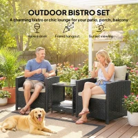 Outsunny Outdoor Bistro Set, 3 Piece Wicker Patio Furniture Set with 2-Tier Glass Top Table, Cushions for Porch, Balcony, Beige(m-4)