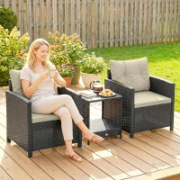 Outsunny Outdoor Bistro Set, 3 Piece Wicker Patio Furniture Set with 2-Tier Glass Top Table, Cushions for Porch, Balcony, Beige(m-1)