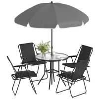Outsunny 6 Pieces Patio Dining Set with Umbrella, Patio Furniture Set with Folding Chairs, Glass Table for Garden Backyard, Black(m-11)