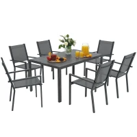 Outsunny 7 Piece Outdoor Dining Set with 6 Stackable Chairs, Rectangle Table, WPC Slatted Top, Rust-Resistant Steel Frame(m-11)