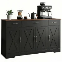 HOMCOM Sideboard Buffet Cabinet, 55" Farmhouse Kitchen Cabinet with 4 Barn Doors, 3 Drawers, 3 Adjustable Shelves, Black(m-11)