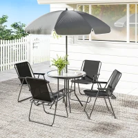 Outsunny 6 Pieces Patio Dining Set with Umbrella, Patio Furniture Set with Folding Chairs, Glass Table for Garden Backyard, Black(m-8)