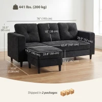 HOMCOM Sectional Sofa, L Shaped Couch with Changeable Chaise, Wooden Legs, Black(m-3)
