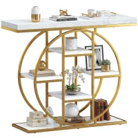 HOMCOM 39.4" Console Table with Storage Shelves, Industrial Sofa Table for Living Room, Hallway, White Marble Effect(m-11)