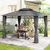 Outsunny 10' x 12' Outdoor Gazebo Canopy, Double Roof Hardtop Gazebo with Polycarbonate Roof, Steel Frame, Nettings and Curtains(m-8)