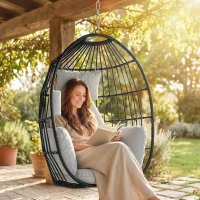 Outsunny Hanging Egg Chair Without Stand, Foldable Basket Swing Chair with Head Pillow, Soft Cushion and Cup Holder, Dark Grey(m-1)