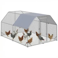 PawHut Chicken Run, Galvanized Large Metal Chicken Coop Cage, Walk-in Enclosure Poultry Hen Run House Playpen Rabbit Hutch with Flat Roof, Cover, 9.2' x 12.5' x 6.5', Silver(m-2)