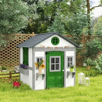 Outsunny Wooden Playhouse for Kids Outdoor with Door, Windows, Planter Pots and Boxes for Toddlers 3-8 Years, White(m-8)