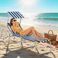 Outsunny Outdoor Pool Chaise Lounge Chair, Folding Tanning Chair with Sun Shade, Blue and White(m-2)