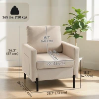 HOMCOM Accent Chair Modern Upholstered Armchair with Side Pockets and Cushion for Bedroom, Living Room, Beige(m-3)