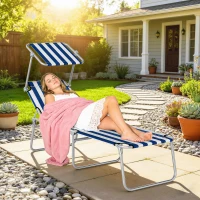 Outsunny Outdoor Pool Chaise Lounge Chair, Folding Tanning Chair with Sun Shade, Blue and White(m-8)