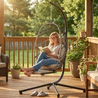 Outsunny Outdoor Hanging Egg Chair with Retractable Footrest Swing Chair with Metal Stand Light Grey(m-8)