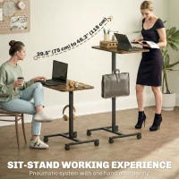 HOMCOM Height Adjustable Standing Desk, Pneumatic Sit Stand Desk with Wheels and Headphone Hook, Rustic Brown(m-4)