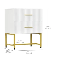 HOMCOM 2 Pieces Nightstands with Storage, Modern Bedside Tables with 2 Fluted Drawers and Gold Legs for Bedroom, White(m-3)