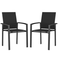 Outsunny Set of 2 Outdoor Garden Chairs, Stackable Patio Dining Chairs with Breathable Fabric, Armrests and Backrest, Black(m-11)