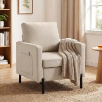 HOMCOM Accent Chair Modern Upholstered Armchair with Side Pockets and Cushion for Bedroom, Living Room, Beige(m-8)