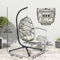 Outsunny Outdoor Hanging Egg Chair with Retractable Footrest Swing Chair with Metal Stand Light Grey(m-3)