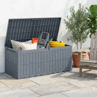 Outsunny 100 Gallon Resin Deck Box, Waterproof Lockable Outdoor Storage Box with Pneumatic Gas Rods, Side Handles(m-1)