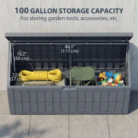 Outsunny 100 Gallon Resin Deck Box, Waterproof Lockable Outdoor Storage Box with Pneumatic Gas Rods, Side Handles(m-5)