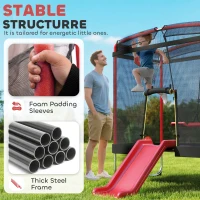 Qaba 4 x 6FT Trampoline for Kids Indoor & Outdoor with Slide, Swing, Basketball Hoop and Safety Enclosure, Red(m-4)