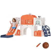 Qaba 7 in 1 Toddler Slide with Basketball Hoop, Climber, Telescope, Tunnel, Steering Wheel, for 1-3 Years, Orange(m-11)