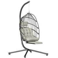 Outsunny Outdoor Hanging Egg Chair with Retractable Footrest Swing Chair with Metal Stand Light Grey(m-11)