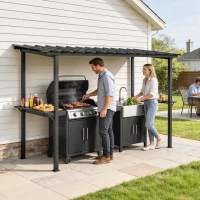 Outsunny 12' x 6' Hardtop Grill Gazebo, BBQ Gazebo with 2 Side Shelves and Galvanized Metal Slope Roof, Black(m-8)